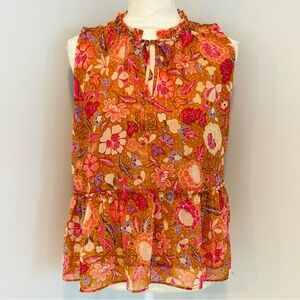 Orange and Pink Ruffled Peplum Blouse with Mandarin Collar